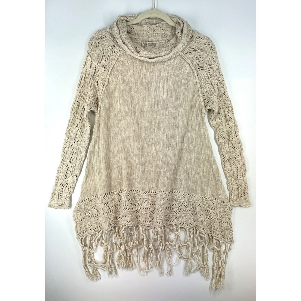 Vintage America Blues‎ Women's M Beige Hooded Tunic Sweater Fringe Festival Boho